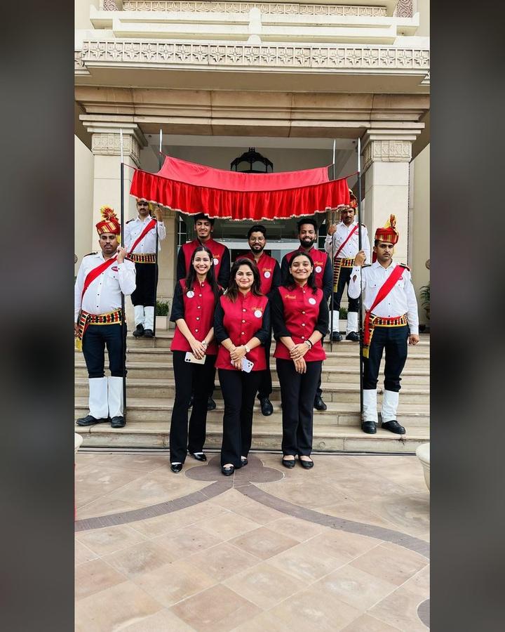 Wedding arrival team at a hotel porch