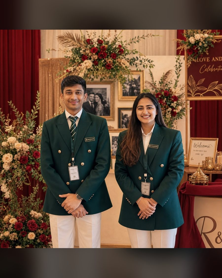 Maangalyam hosts in green blazers at a wedding welcome desk